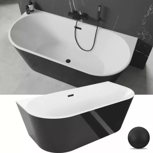 HD Florida Black félszabadonálló akril kád Fényes króm túlfolyóval és click-clack leeresztővel