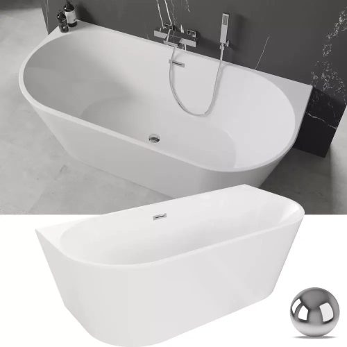 HD Florida White félszabadonálló akril kád Fényes króm túlfolyóval és click-clack leeresztővel