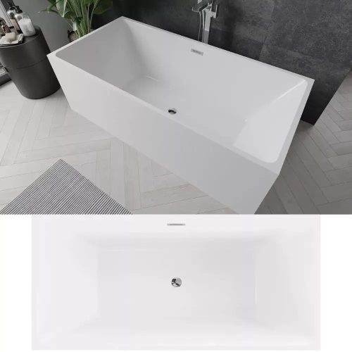 HD Miami White szögletes térben álló akril kád Fényes króm túlfolyóval és click-clack leeresztővel