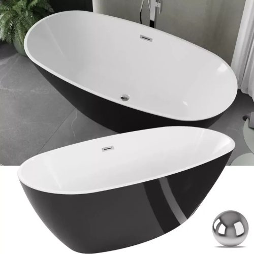 HD Aurora Black&White ovális térben álló akril kád Fényes króm túlfolyóval és click-clack leeresztővel