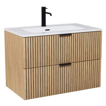   HD Parma Hickory 60 fali szekrény matt fekete fogantyúkkal és fényes fehér slim mosdóval