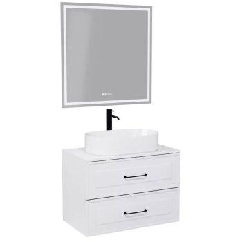   HD Modena Matt White 60 komplett bútor fali mosdószekrénnyel, matt fekete fogantyúkkal, matt fehér mosdópulttal és tükörrel