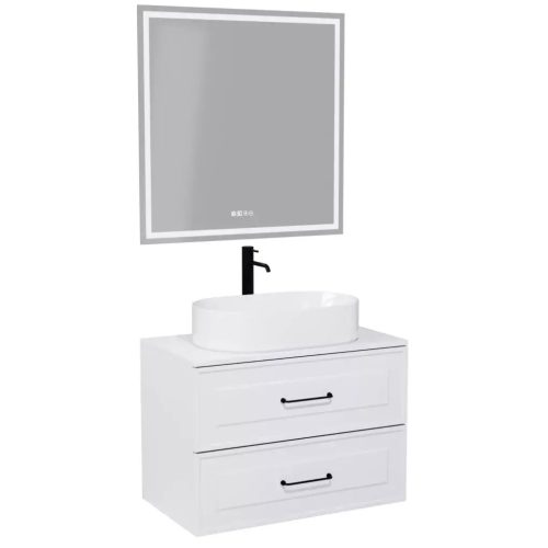 HD Modena Matt White 60 komplett bútor fali mosdószekrénnyel, matt fekete fogantyúkkal, matt fehér mosdópulttal és tükörrel