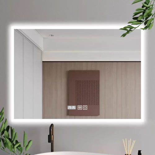 HD Verona 120 cm széles fali szögletes LED okostükör ambient világítással, érintőkapcsolóval, digitális órával és páramentesítő funkcióval