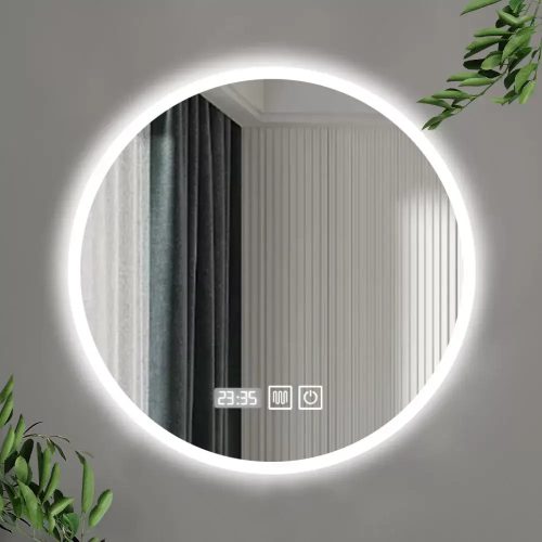 HD Sofia 60 cm széles fali kerek LED okostükör ambient világítással, érintőkapcsolóval, digitális órával és páramentesítő funkcióval