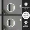 HD Sofia 60 cm széles fali kerek LED okostükör ambient világítással, érintőkapcsolóval, digitális órával és páramentesítő funkcióval