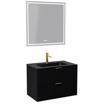   HD Ravello Matt Black 60 komplett bútor fali mosdószekrénnyel, szálcsiszolt arany fogantyúkkal, matt fekete slim mosdóval és tükörrel