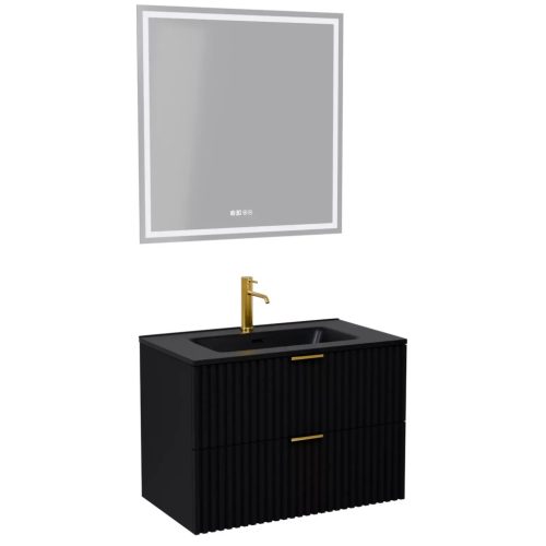 HD Ravello Matt Black 60 komplett bútor fali mosdószekrénnyel, szálcsiszolt arany fogantyúkkal, matt fekete slim mosdóval és tükörrel