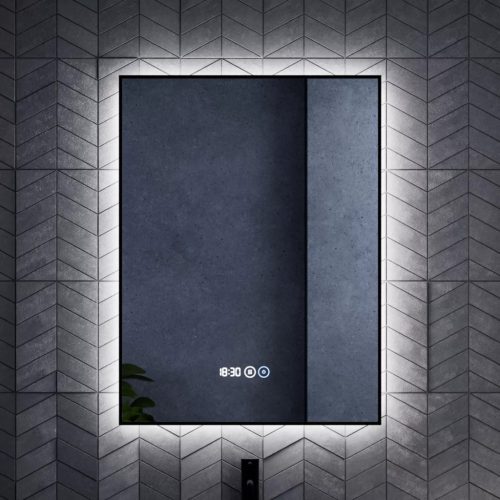HD Glow 60 cm széles fali szögletes LED okostükör, fekete slim kerettel, ambient világítással, érintőkapcsolóval, digitális órával és páramentesítő funkcióval