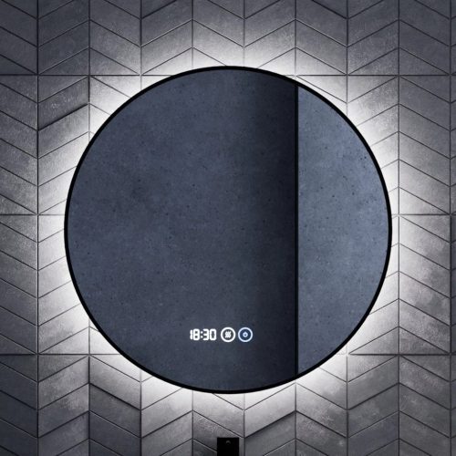 HD Lumen 60 cm széles fali kerek LED okostükör fekete slim kerettel, ambient világítással, érintőkapcsolóval, digitális órával és páramentesítő funkcióval