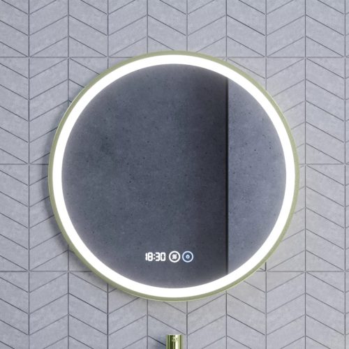 HD Rio Gold 60 cm széles fali kerek LED okostükör szálcsiszolt arany kerettel, érintőkapcsolóval, digitális órával és páramentesítő funkcióval