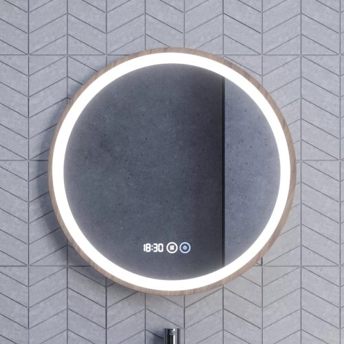 HD Amazon Oak 60 cm széles fali kerek LED okostükör tölgyfa színű kerettel, érintőkapcsolóval, digitális órával és páramentesítő funkcióval 